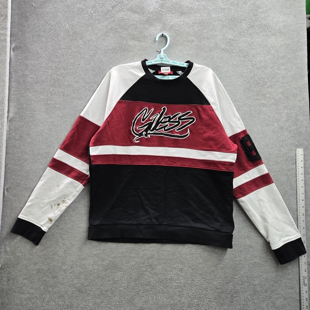 GUESS Men Sweatshirt XL Black Front Logo Embroidery Colorblock Varsity READ